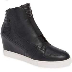 Linea Paolo Felicia Black Leather Hidden Wedge Zip Sneaker Bootie W 8.5